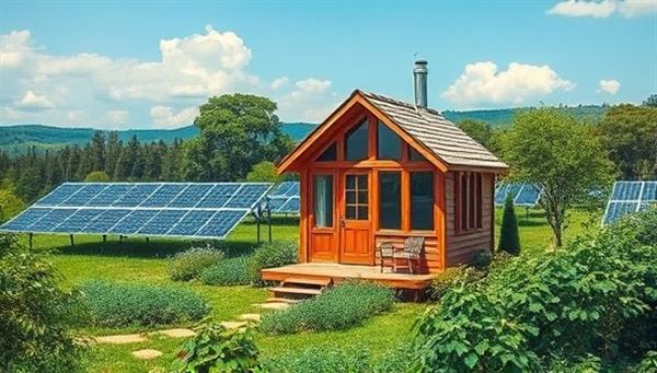 A picturesque landscape featuring a beautifully designed eco-friendly tiny home surrounded by lush greenery and solar panels, capturing the essence of sustainable living and nature integration.