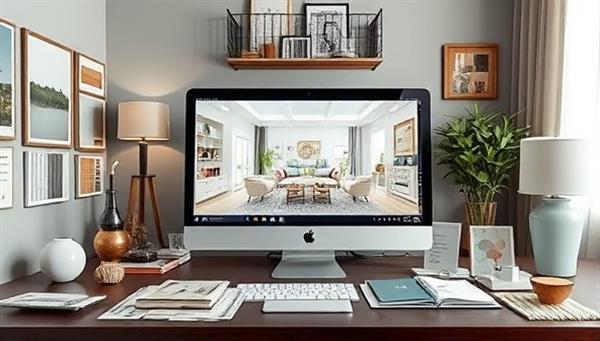 A virtual room design workshop with a designer showcasing mood boards, color swatches, furniture selections, and a 3D room rendering on a digital screen, surrounded by design elements and decor samples, illustrating the creative and collaborative process of DesignSphere Studio