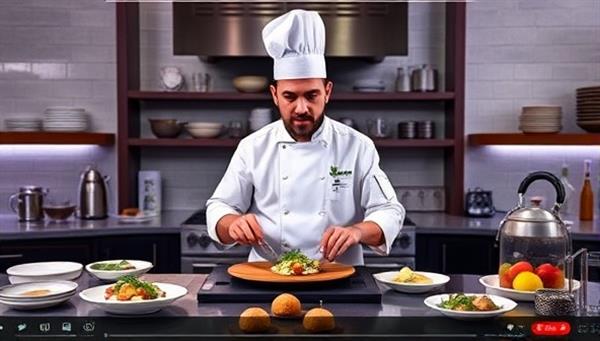 A celebrity chef conducting a live cooking demonstration online, showcasing a gourmet dish preparation with step-by-step instructions, surrounded by a well-equipped kitchen setup and engaging with virtual participants, creating an immersive and interactive culinary experience.