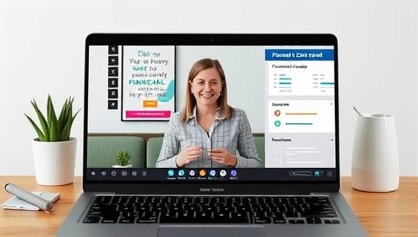 An online coaching session interface featuring a virtual financial coach providing guidance and advice on a laptop screen, with motivational quotes, financial goals, and progress trackers displayed in the background, creating a supportive and empowering atmosphere for clients seeking financial wellness with WealthWell Coach.