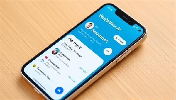 An innovative AI-powered financial assistant interface displayed on a smartphone screen, showcasing personalized financial recommendations, investment trends, and interactive chat features for users to engage with, symbolizing convenience and efficiency in financial planning with WealthWise AI.