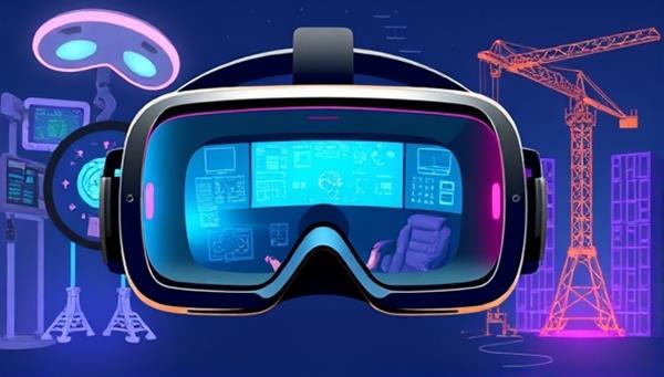 An engaging VR headset illustration with digital elements representing various simulation scenarios, such as a medical operation theater, a cockpit, and a construction site, highlighting the immersive and interactive nature of virtual reality training experiences.
