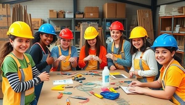 A vibrant workshop setting with participants wearing safety gear, happily engaged in constructing their DIY projects with colorful tools and materials, exuding a sense of creativity and hands-on learning.