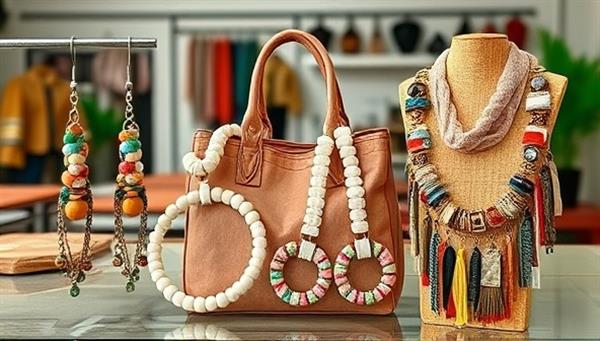An artistic display of upcycled fashion accessories, including earrings made from fabric scraps, a handbag crafted from recycled plastics, and a statement necklace repurposed from old textiles, set against a backdrop of a sustainable fashion workshop, symbolizing creativity and eco-friendliness.