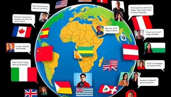 An interactive virtual globe showcasing different flags representing languages, with diverse avatars engaging in language exchange conversations through video calls and chat bubbles, illustrating a vibrant and inclusive language learning community.