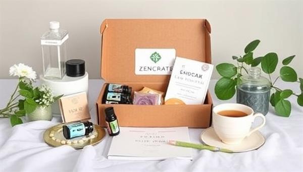 A serene and tranquil scene showcasing the contents of a ZenCrate subscription box, including essential oils, herbal teas, relaxation tools, and a gratitude journal, creating a peaceful and rejuvenating self-care experience.