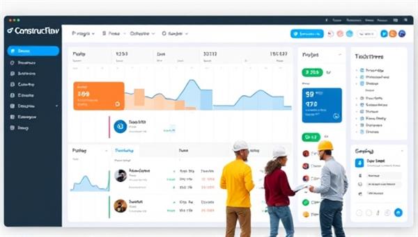 An interactive dashboard of the ConstructFlow platform displaying project timelines, task assignments, budget tracking, and communication tools, with construction team members collaborating in real-time, showcasing a seamless and organized project management experience.