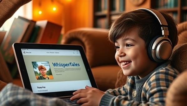An image of a cozy reading nook with headphones, a tablet displaying the WhisperTales platform, and a smiling child listening to a personalized audio story, evoking a sense of wonder and joy.