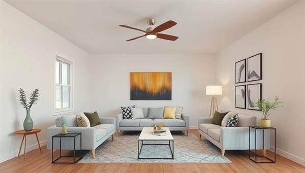 A digital render showcasing a vacant room transformed into a beautifully staged living space with modern furniture, stylish decor, and inviting ambiance, illustrating the virtual staging service