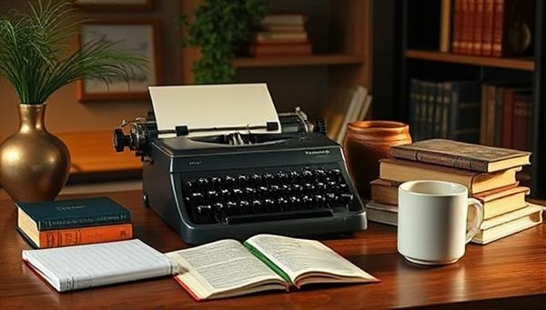 An atmospheric writing space featuring a cozy home office with a vintage typewriter, a stack of inspirational books, a journal, and a steaming cup of tea, creating a serene and motivational environment for creative writing workshops offered by WriteWonders.