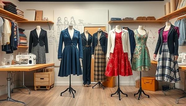 An artistic image featuring a diverse collection of upcycled fashion pieces like dresses, jackets, and accessories creatively transformed from pre-loved textiles, displayed in a stylish studio setting with sewing machines, fabric swatches, and design sketches, embodying the essence of sustainable fashion innovation and individual style expression through upcycling.