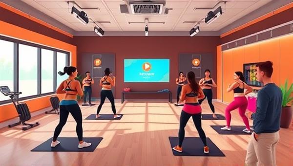 An animated fitness studio setting with virtual workout classes in progress, participants following along with exercises, fitness coaches providing guidance and motivation, and a dynamic, high-energy atmosphere that captures the essence of a virtual fitness challenge platform designed to inspire and empower individuals in their fitness journey.
