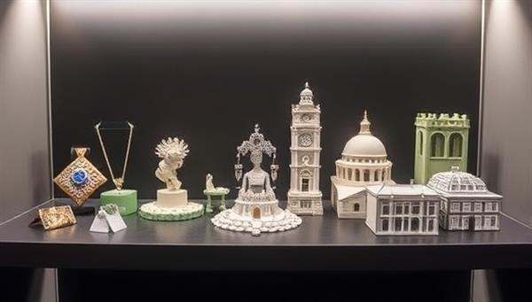 An array of custom 3D-printed products displayed on a sleek, modern shelf, including intricate jewelry, miniature figurines, and detailed architectural models, highlighting the versatility and creativity of the service.