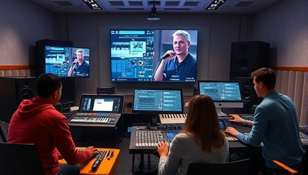 An immersive visual representation of a virtual music production workshop in action, with instructors demonstrating music production techniques on screen, participants engaging in collaborative projects, and a virtual studio setup with digital audio workstations and musical instruments, capturing the creative and educational environment of the music production workshops offered on the platform.