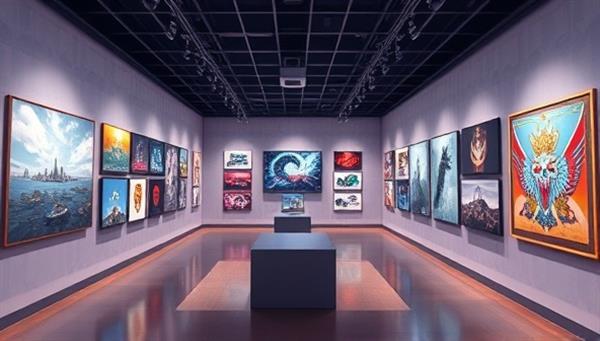 An immersive digital art gallery showcasing a variety of NFT artworks displayed in a virtual space with interactive features for exploring and collecting digital art pieces, capturing the essence of the ArtVirtuo Exchange platform.