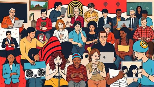 A visually striking representation of diverse niche communities engaging with unique content formats created by NicheCraft Studios, showcasing the agency