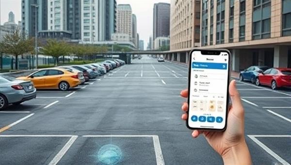 An urban parking lot transformed with smart sensors embedded in parking spots, a mobile app interface displaying real-time availability, and drivers seamlessly finding parking spots with the help of the innovative system, illustrating efficiency and convenience.