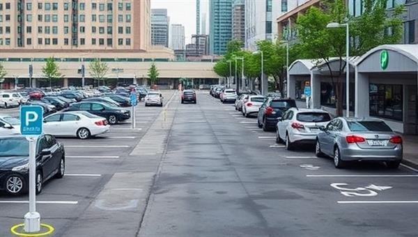 An urban parking lot scene with smart sensors detecting available parking spaces and guiding drivers to vacant spots, illustrating the seamless parking experience facilitated by ParkEase Solutions, with a focus on convenience and efficiency in urban parking management.