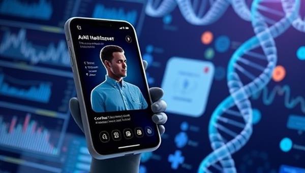 A sleek mobile app interface showing a user interacting with a virtual AI assistant to create a personalized healthcare plan, with medical charts and DNA helix graphics in the background, symbolizing customization and advanced technology.