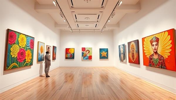 An artistic digital rendering of a virtual art gallery space with vibrant artworks displayed on virtual walls, accompanied by interactive features like audio guides and artist interviews, capturing the essence of the immersive art experience offered by ArtVista Virtual.