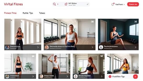 A digital platform interface showcasing a variety of virtual fitness classes, with trainers leading workouts, nutrition tips, and progress tracking features, highlighting the convenience and effectiveness of FitVision Virtual for users.