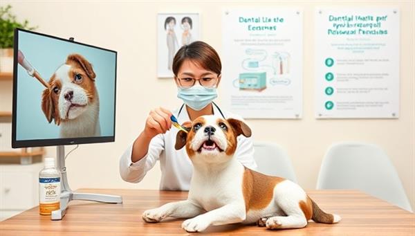 A virtual pet dental care consultation setup featuring a dental care expert demonstrating teeth brushing techniques on a pet model via video call, with dental care products and educational posters in the background, promoting dental health awareness and practices.