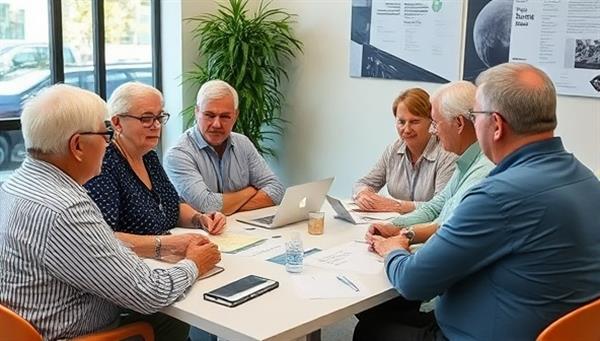 A group of senior consumers engaged in a marketing consultation session with the SilverSage Marketing team, discussing branding strategies and campaign ideas tailored to their preferences and interests.