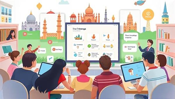 A dynamic digital illustration of a virtual language lesson in progress, featuring diverse students engaging in interactive language exercises with animated language characters and cultural landmarks in the background.