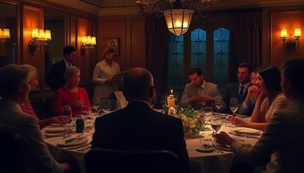 An immersive dining setting with elegantly dressed guests engaged in solving a mystery, with actors in character interacting with the diners, creating an atmosphere of intrigue and excitement.