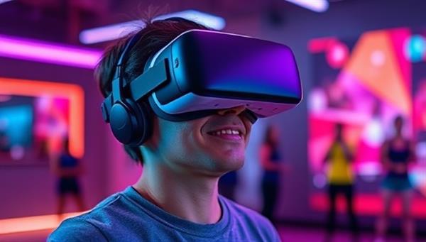 An individual wearing a VR headset, immersed in a virtual fitness environment with vibrant colors and motivating workout animations, showcasing the futuristic and engaging nature of VR FitHub.