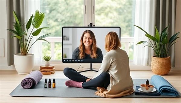 An online coaching session scene with a serene backdrop, featuring a coach engaging with a client through a video call, surrounded by wellness tools like yoga mats, essential oils, and healthy snacks, promoting a calming and supportive environment.