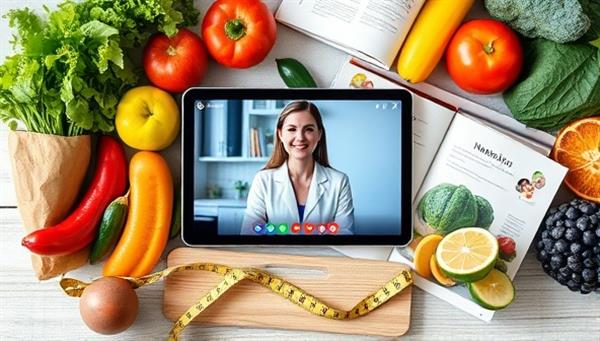 An engaging virtual nutrition consulting session showcasing a nutritionist providing dietary advice via a video call, surrounded by fresh fruits and vegetables, recipe books, and a measuring tape, symbolizing health and wellness transformation.