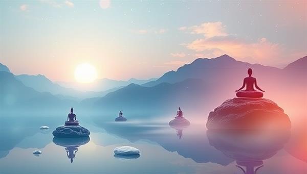 An ethereal digital landscape featuring serene imagery of nature, calming colors, yoga poses, and meditation symbols floating in a virtual space, evoking relaxation and inner peace.