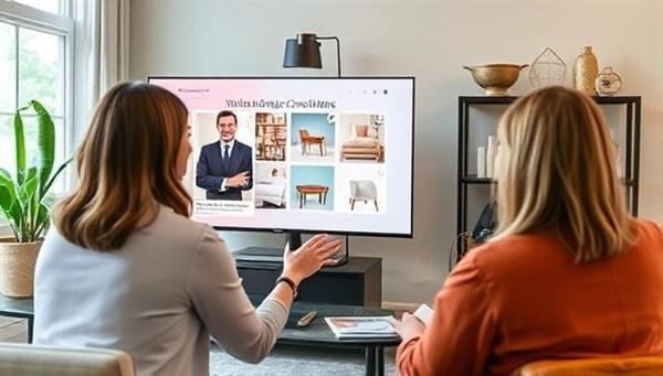 An interactive virtual design consultation session with a designer presenting mood boards and decor ideas to a client via video call, showcasing a stylish and personalized approach to interior design, with furniture and decor samples displayed on the screen, creating a visually engaging and informative experience.