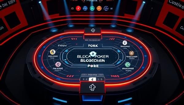 A futuristic poker table interface on a digital screen, displaying blockchain encryption symbols and transparent gameplay mechanics, illustrating the secure and decentralized nature of BlockPoker Arena for poker enthusiasts to enjoy fair and rewarding online tournaments.