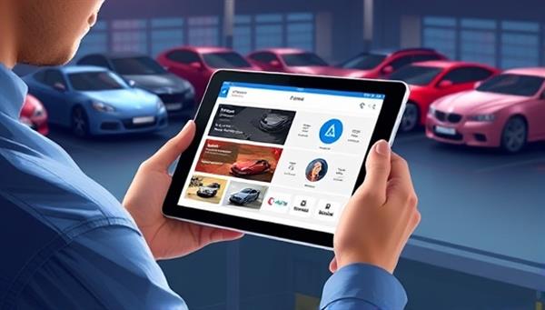 An engaging digital illustration of a user interacting with the CarCare Plus platform on a tablet, receiving maintenance reminders and accessing virtual diagnostic tools with a diverse range of vehicle models in the background, emphasizing convenience and proactive car care support.