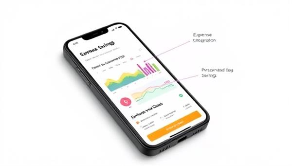 An illustrative visual of the SmartSave FinApp interface on a smartphone screen displaying colorful graphs of savings progress, expense categorization features, personalized financial tips, and a user setting financial goals, conveying a modern and intuitive approach to automated budgeting and savings management.