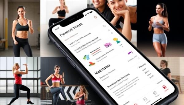 A smartphone screen displaying a sleek fitness app interface with personalized workout recommendations and nutritional tips, surrounded by images of active individuals engaging in various exercises, conveying a sense of personalization and motivation.