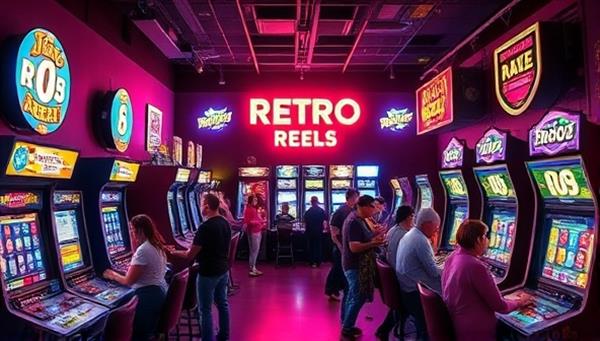 An arcade setting with neon lights, retro arcade cabinets, and slot machines, surrounded by customers playing games and enjoying the vibrant and nostalgic atmosphere of Retro Reels Arcade & Casino.