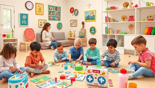 An engaging playroom scene filled with children interacting with interactive educational toys, featuring colorful puzzles, coding kits, and science experiments, illustrating the blend of fun and learning in educational play experiences.