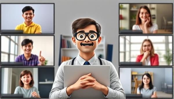 An image of a virtual language tutor avatar interacting with a diverse group of students on different screens, displaying a dynamic and engaging language learning environment.