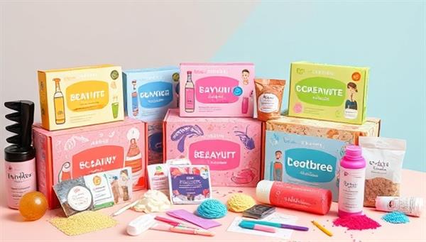 An array of colorful DIY beauty kit boxes featuring different beauty product themes, surrounded by vibrant ingredients, tools, and instruction cards, evoking a sense of creativity and personalization in beauty routines.