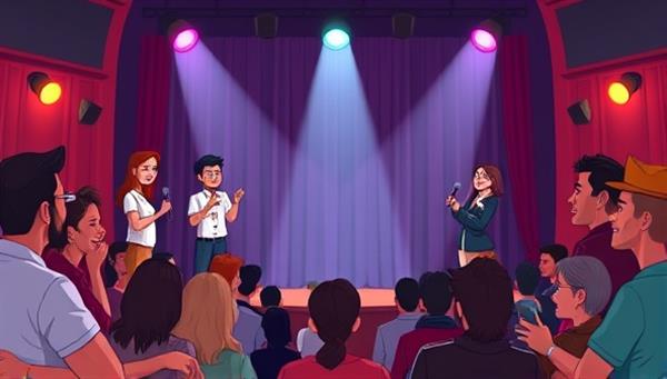 An animated illustration of a virtual comedy club stage with caricatured comedians performing improv sketches, surrounded by a laughing audience in a digital setting, capturing the lively and entertaining atmosphere of LaughCraft Academy