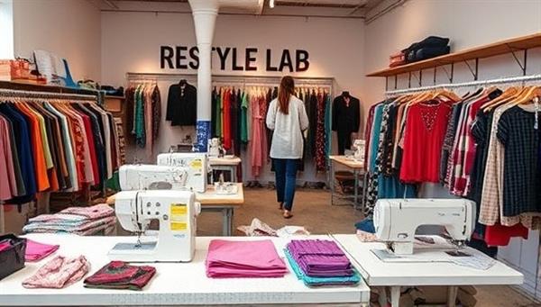 An image showcasing a vibrant fashion workshop space filled with sewing machines, fabric swatches, and upcycled garments, reflecting the creative and sustainable environment of ReStyle Labs where participants can learn and create unique fashion pieces from recycled materials.