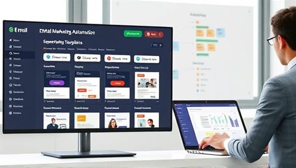 A screen displaying the email marketing automation tool dashboard with segmented audience lists, personalized email templates, and automated scheduling features, alongside a user analyzing campaign performance data on a laptop, illustrating the tool