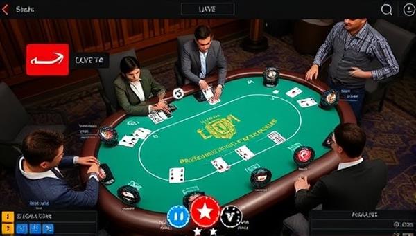 An engaging visual of a live dealer poker table with professional dealers and players interacting in a virtual setting, with cards, chips, and a sleek interface displaying the game action, capturing the essence of the immersive and social gaming experience offered by PokerLuxe Live.