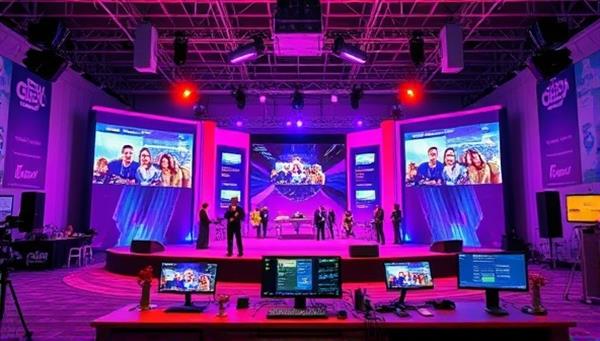 A vibrant virtual event setup with a stage, screens displaying attendees, and interactive chat features, surrounded by event banners, decorations, and a tech control panel, creating an immersive and dynamic event atmosphere.