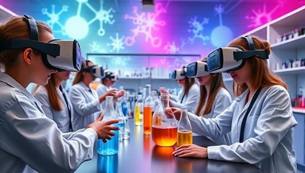 An immersive virtual science lab environment with students wearing VR headsets, conducting experiments and observing reactions in a visually stunning and educational setting that sparks curiosity and engagement.