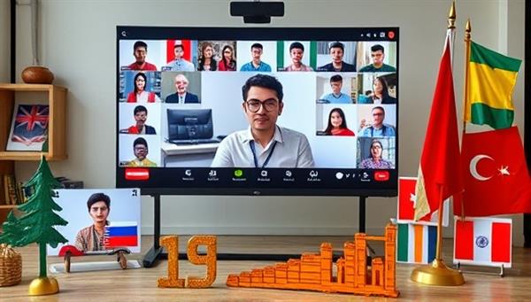 A virtual language lesson in progress, with a language instructor leading an interactive conversation practice session via video conference, students participating actively on their screens, and cultural props representing diverse languages and countries, creating a vibrant and immersive language learning atmosphere.