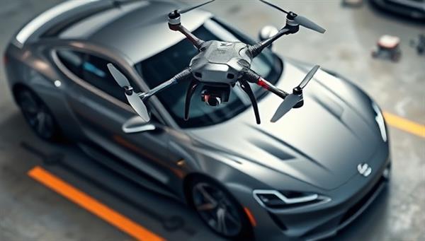 A drone hovering over a sleek, modern car during an aerial inspection, capturing detailed images of the vehicle